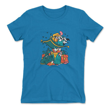 Raccoon Flying Aladdin Womens T-Shirt in Turquoise color